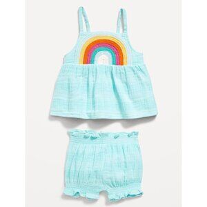Old Navy 2 Piece Baby Top + Shorts Set Blue Rainbow Sleeveless Smock 6-12 months